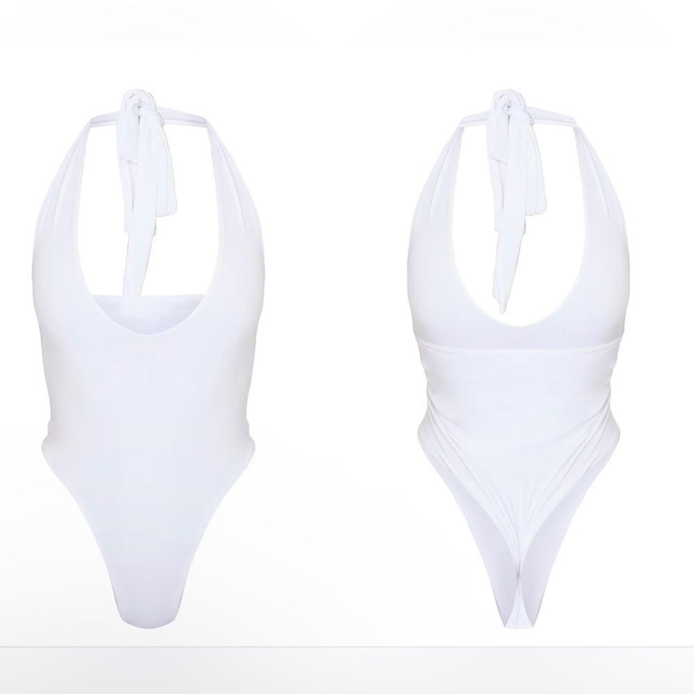 PRETTYLITTLETHING Women’s White Slinky Halterneck Bodysuit Size 8